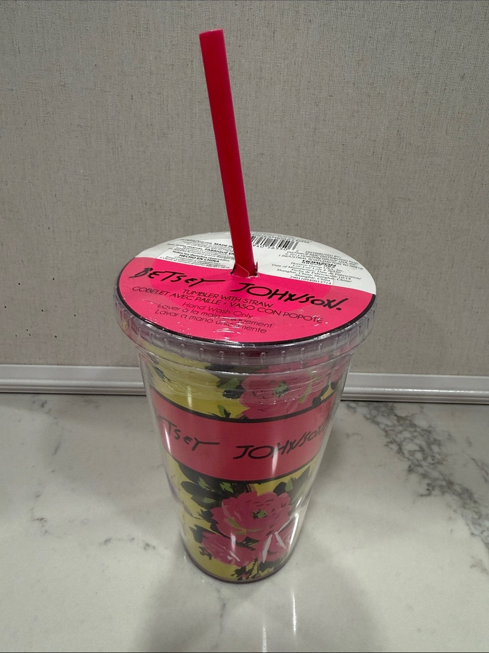 Betsey Johnson vintage print Yellow Floral Double-Wall Tumbler with Pink Straw